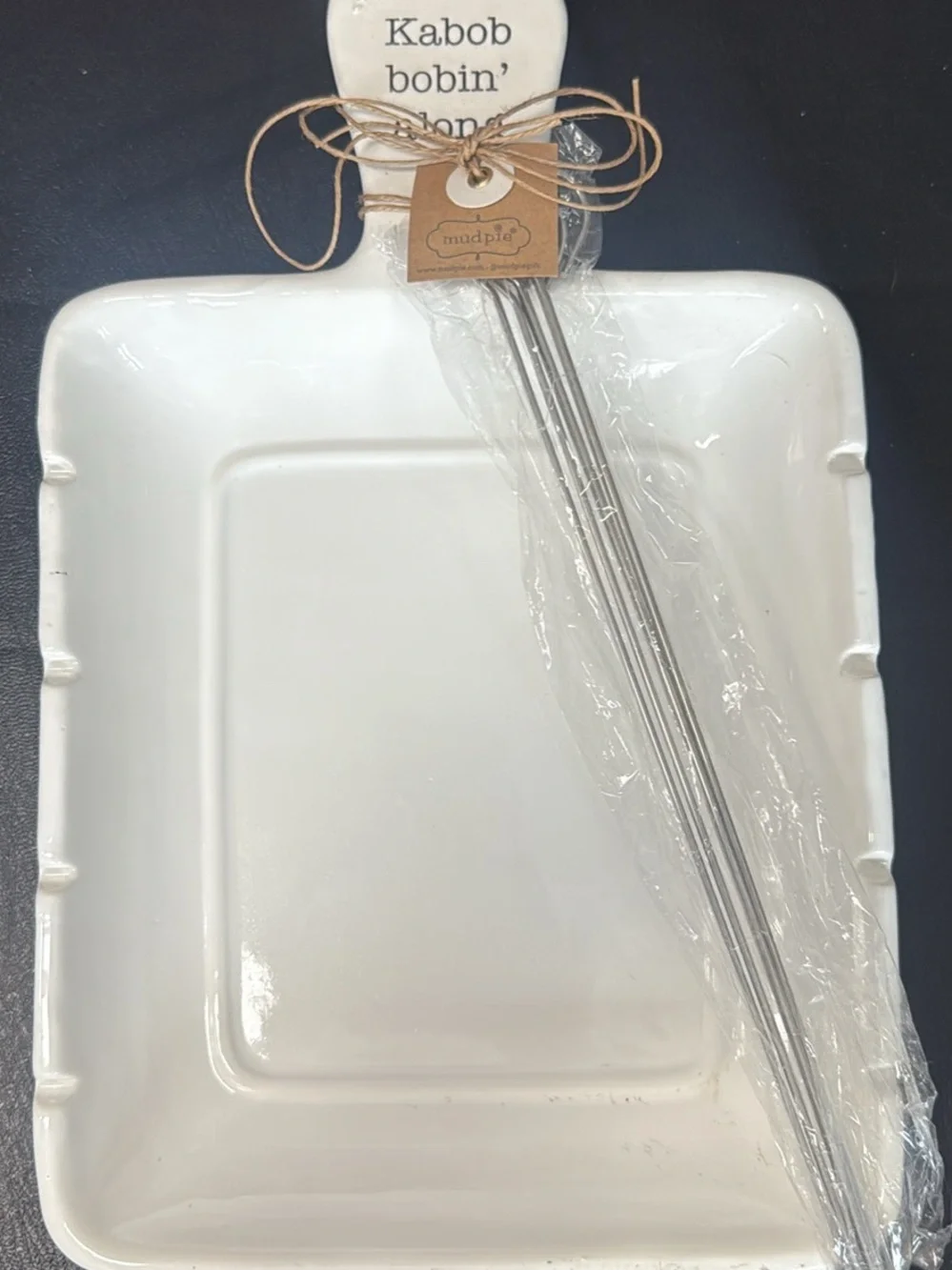 Mud Pie White Ceramic Kabob Serving Platter with Skewers